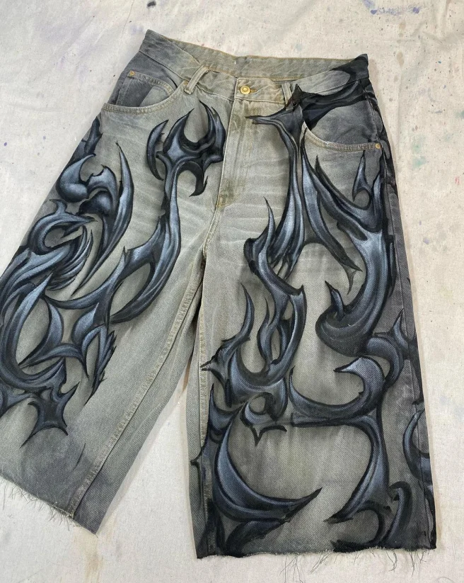 Denim Shorts Sfumato dark pattern loose washed old blue hip hop street men's zipper straight wide leg niche casual printed denim cut shorts denim shorts summer jeans shorts