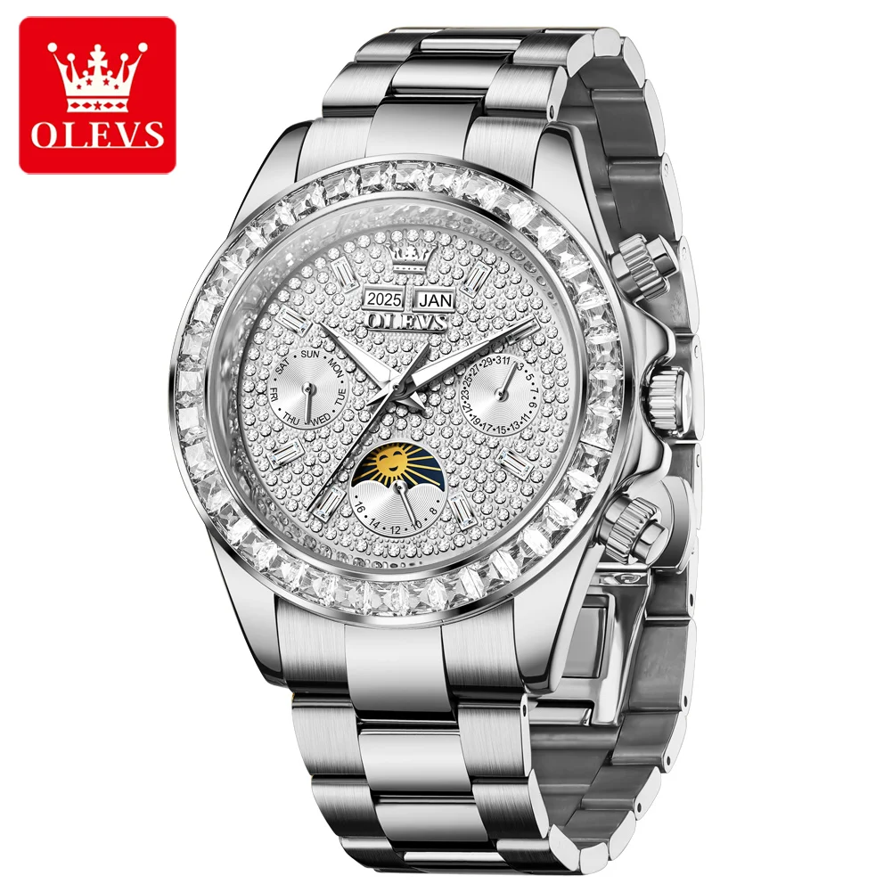 OLEVS 7038 Men Automatic Watch Full Diamond Mechanical Watch For Men Luxury Date Moonswatch Original Waterproof Male Wristwatch