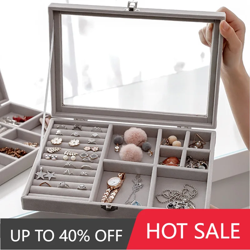 

Velvet Gray Carrying Case with Glass Cover Jewelry Ring Display Box Tray Holder Storage Box Organizer Earrings Ring Bracelet