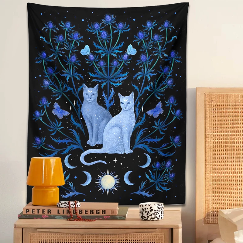Cat Tapestry Wall Hanging Tapestry Decorations Psychedelic Moon Sun Moth Cat Leaf Flower Divination Occult Home Wall