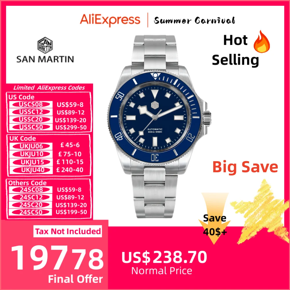San Martin 남성용 오토매틱 시계, NH35, 40mm 눈송이 손, 스포츠 Relogio, 300M 방수, Montre 럭셔리 클래식 SN0111G-B, 신제품