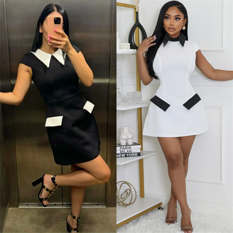 Elegant Fashion Mini Dress Women Peter Pan Collar Cap Sleeve Pockets High Waist Party Short Dress - Image 6