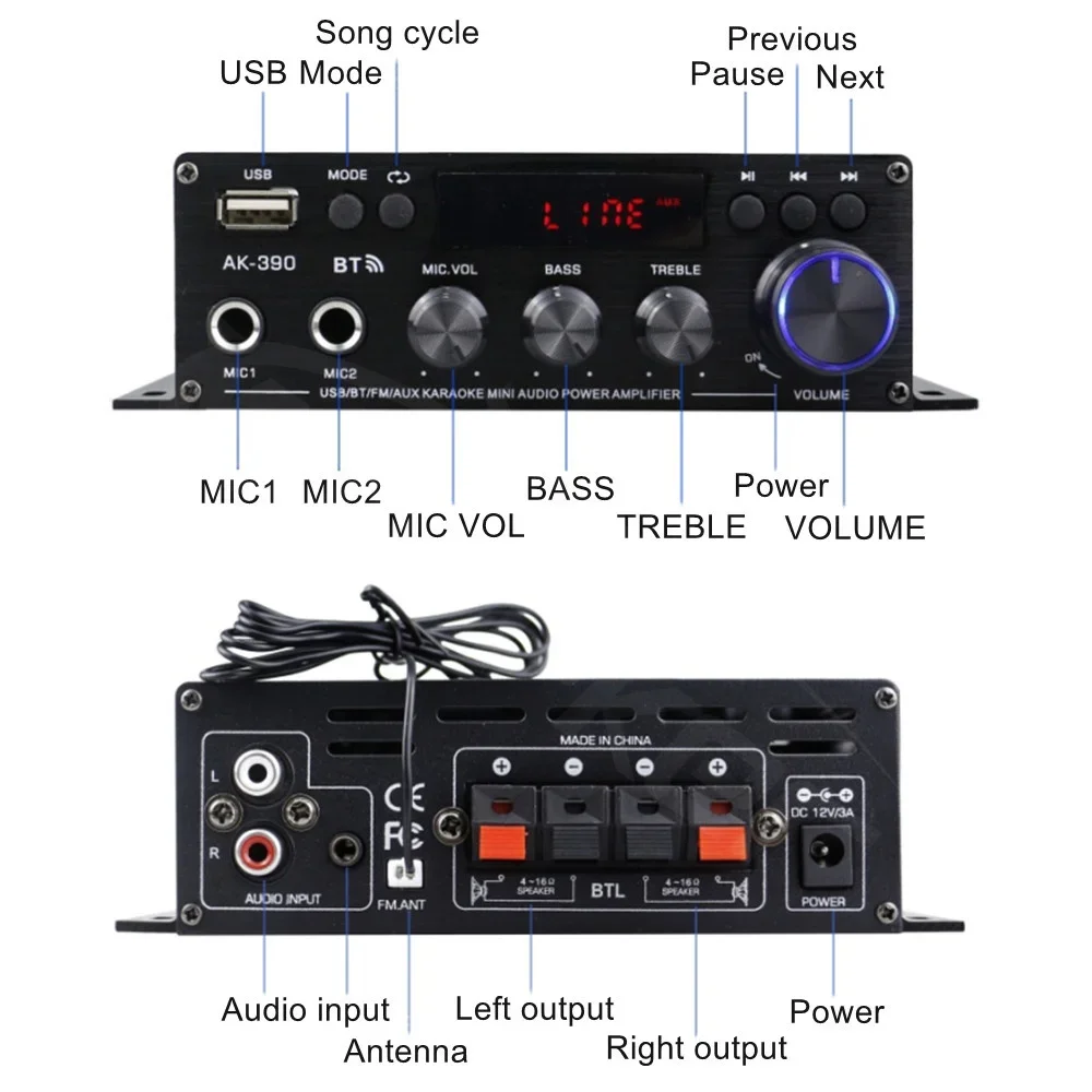 AK390 Sound Amplifier BT 5.0 HiFi Power Amplifier 800W Stereo Digital AMP BASS M