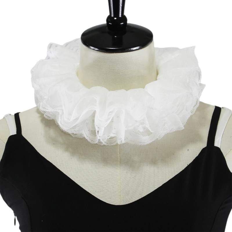 

Women Vintage Layered Ruffled Lace Fake Collar Victorian Costume Neck Ruff Lace-Up Tulle Choker Cosplay Prop