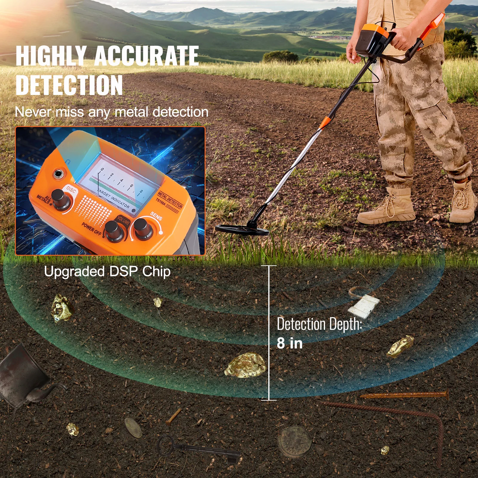 SucceBuy Metal Detector 8Inch Waterproof Search Coil & High Accuracy Pointer Display Adjustable 38''-49'' Aluminum Stem Detector