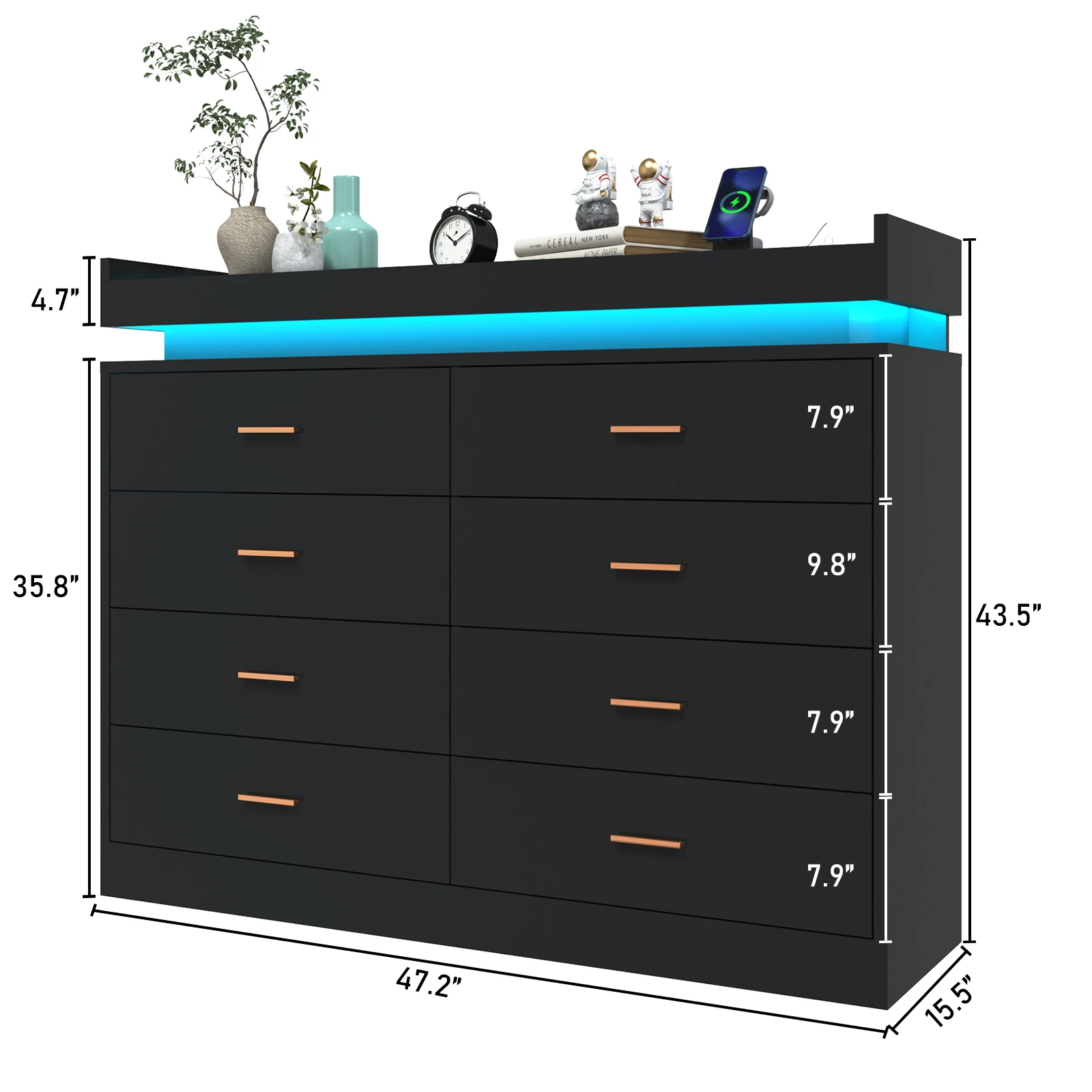 8 Drawer Dresser with LED Light, Modern Chest of Drawers for Closet, 47" Wide Drawer Organizer Cabinet for Bedroom, Living Room - Image 6