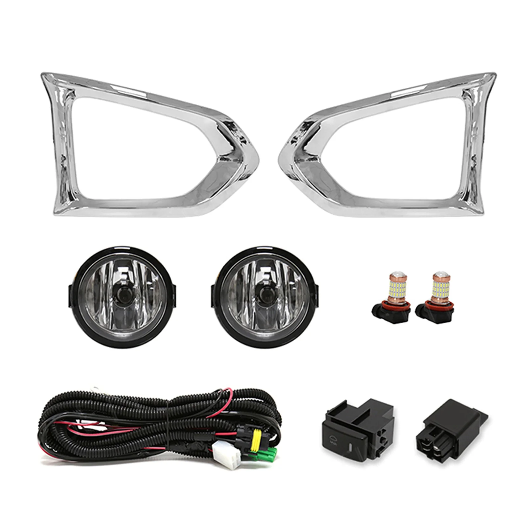 

1Pair Front Bumper Fog Light+Chrome Cover+Wiring+Switch Kit LED Lamp Daytime Light for Nissan Patrol 2014-2019 White