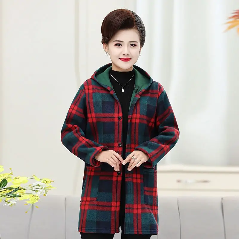 Mom Outfit Autumn and Winter New Hooded Trench Plaid Button Pockets Fleece for Warmth Larger Size Mid-length Long Sleeves Coat