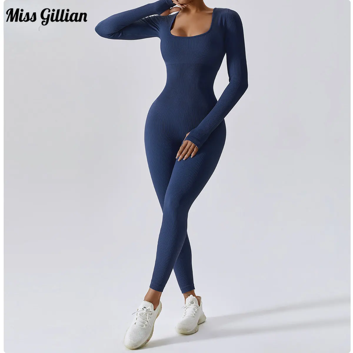 

Autumn Overalls for Women Fitness Jumpsuits Sexy Bodycon Playsuit Square Neck Female Slim Sportwear One Piece Long Sleeve Romper