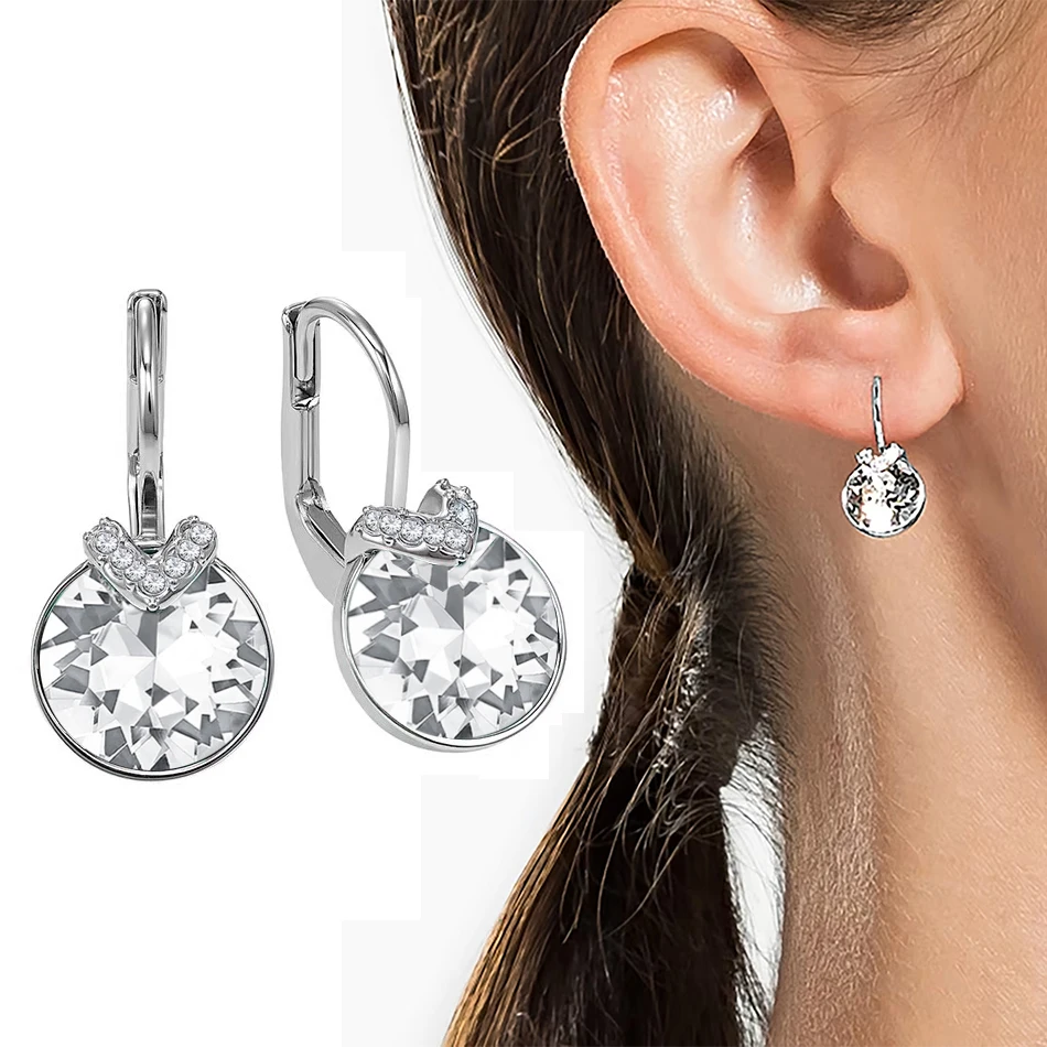 Drop Earrings Bella V for Women Christmas Birthday Genuine Austrian Crystals Round Cut Dangle Silver Color Pierced
