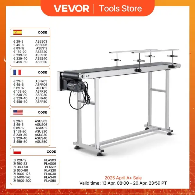 VEVOR PVC Belt Conveyor Table Double Guardrail Stainless Steel Motorized Adjustable Speed for Factory Inkjet Coding Powered 1