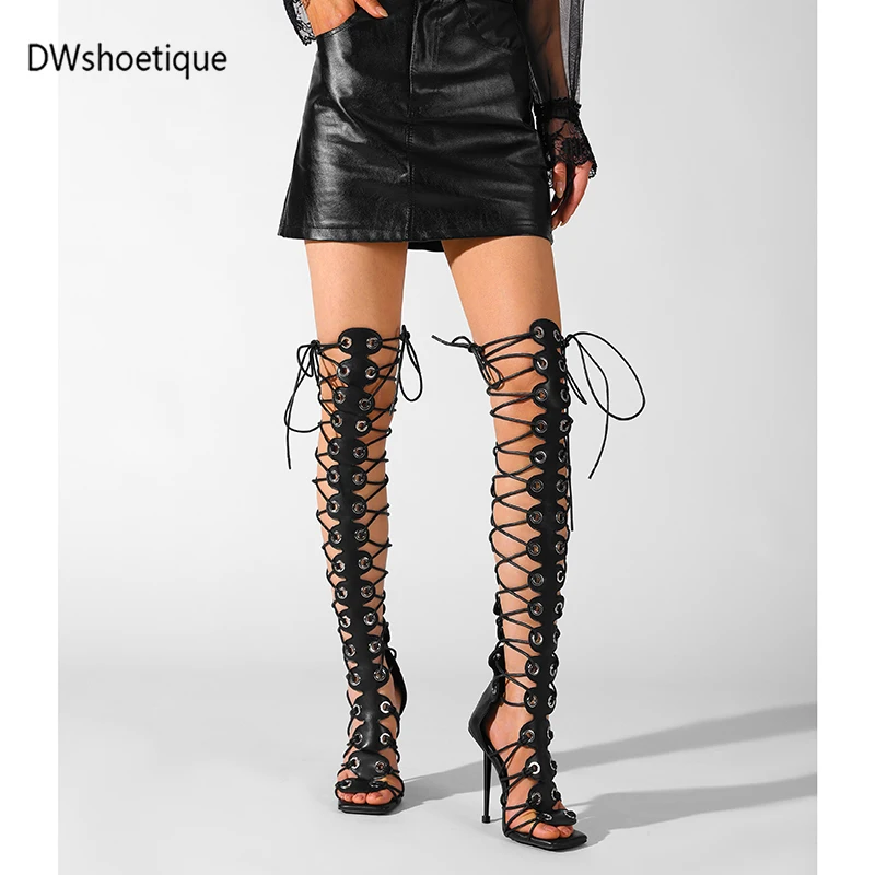 Sandales sexy à lacets pour femmes, bout carré, à nouer, au-dessus du genou, talons hauts pour soirée 1 Sandales sexy à lacets pour femmes, bout carré, à nouer, au-dessus du genou, talons hauts pour soirée 1