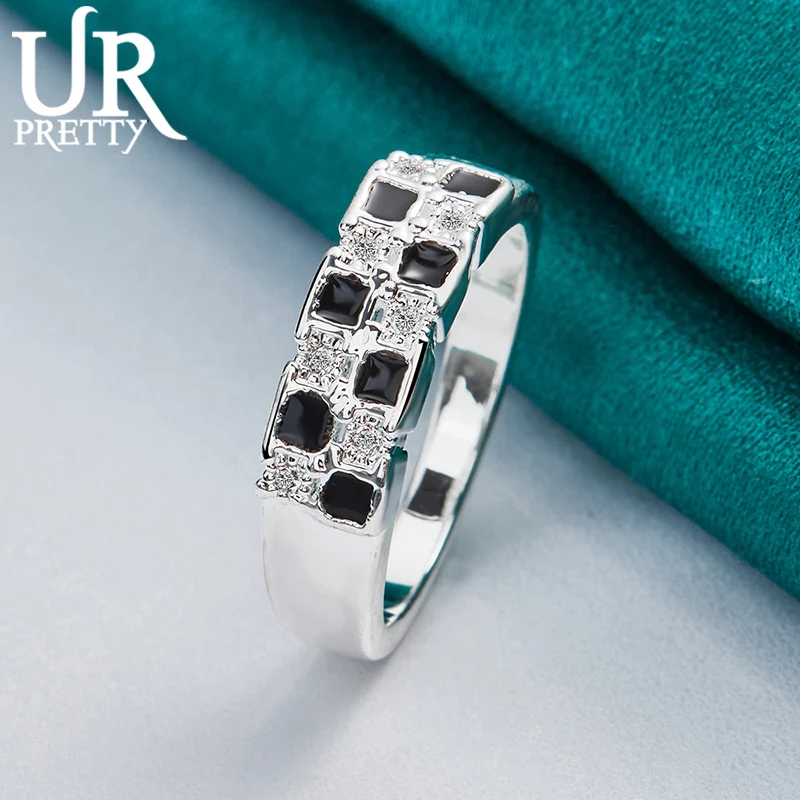 

925 Sterling Silve AAA Zircon 7-10# Black Plaid Ring for Woman Men Party Gifts Engagement Wedding Anniversary Fashion Jewelry
