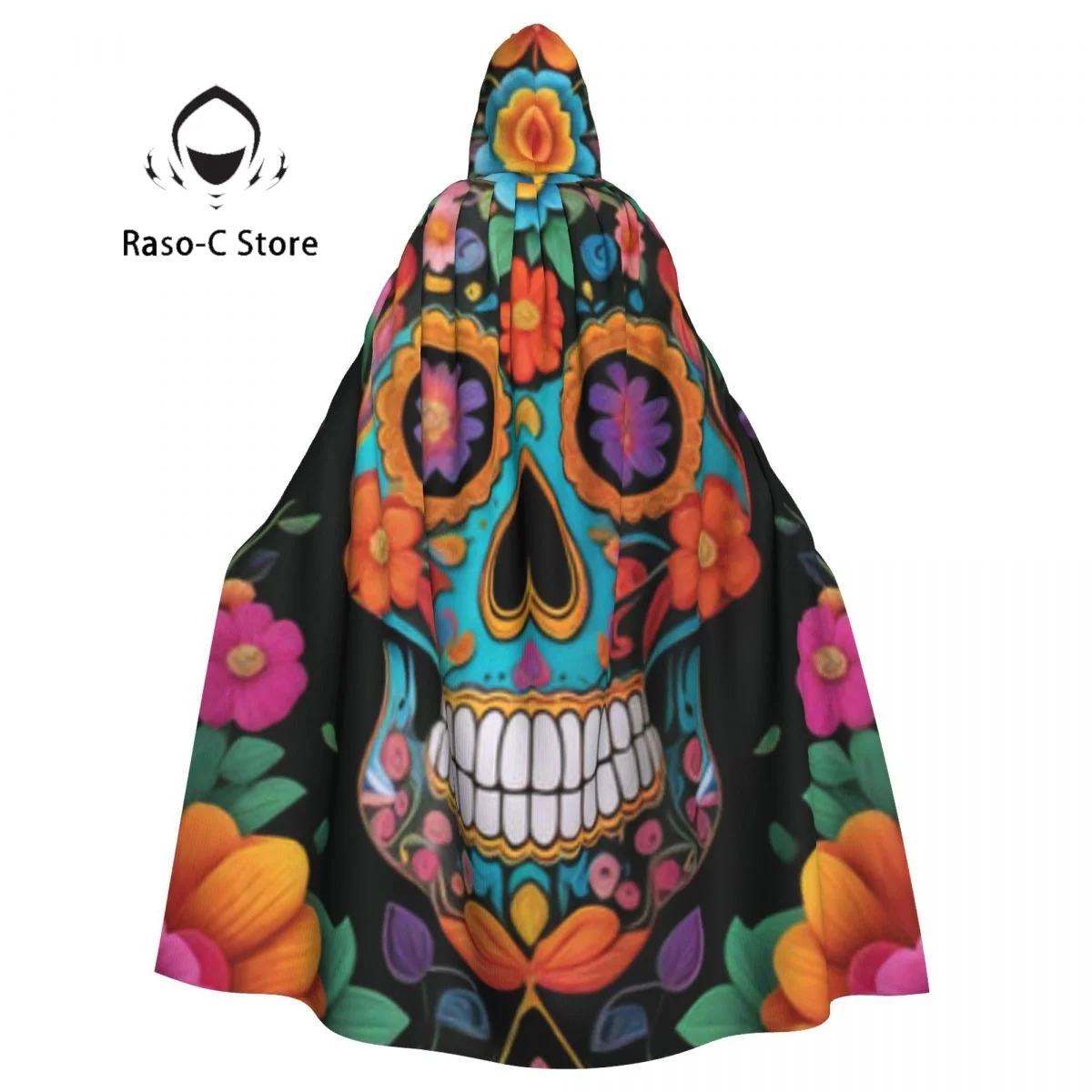 

Unisex Witch Party Reversible Hooded Adult Vampires Cape Cloak Mexican Sugar Skull With Colorful Flowers