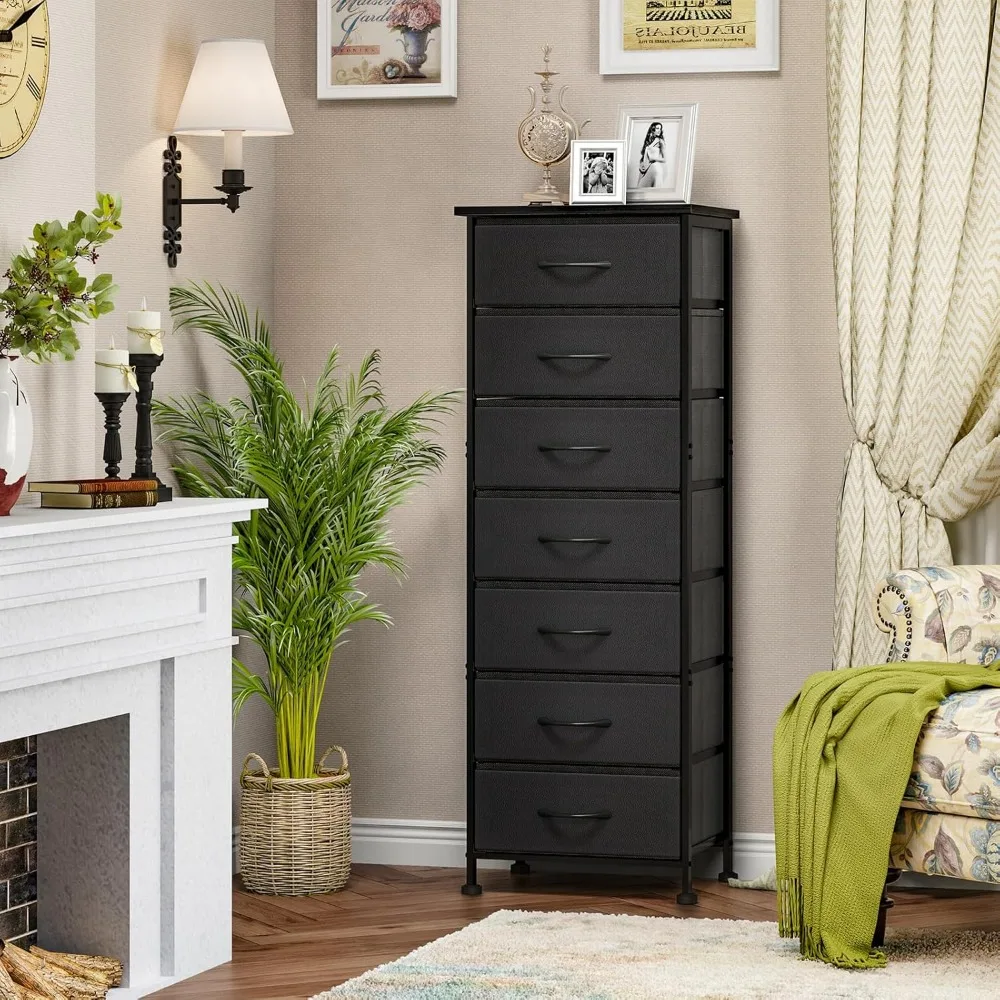 Black Tall Dresser Bedroom Storage Dresser Organizer 7 Fabric Drawers Nightstand Furniture Closet