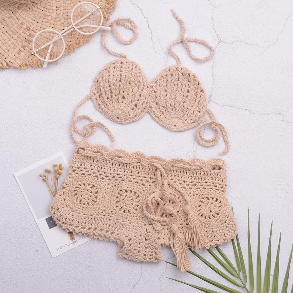 Beach Hand Crocheted Flower Shorts Children's Swimsuit Suit Split Bikini for Girls and Children