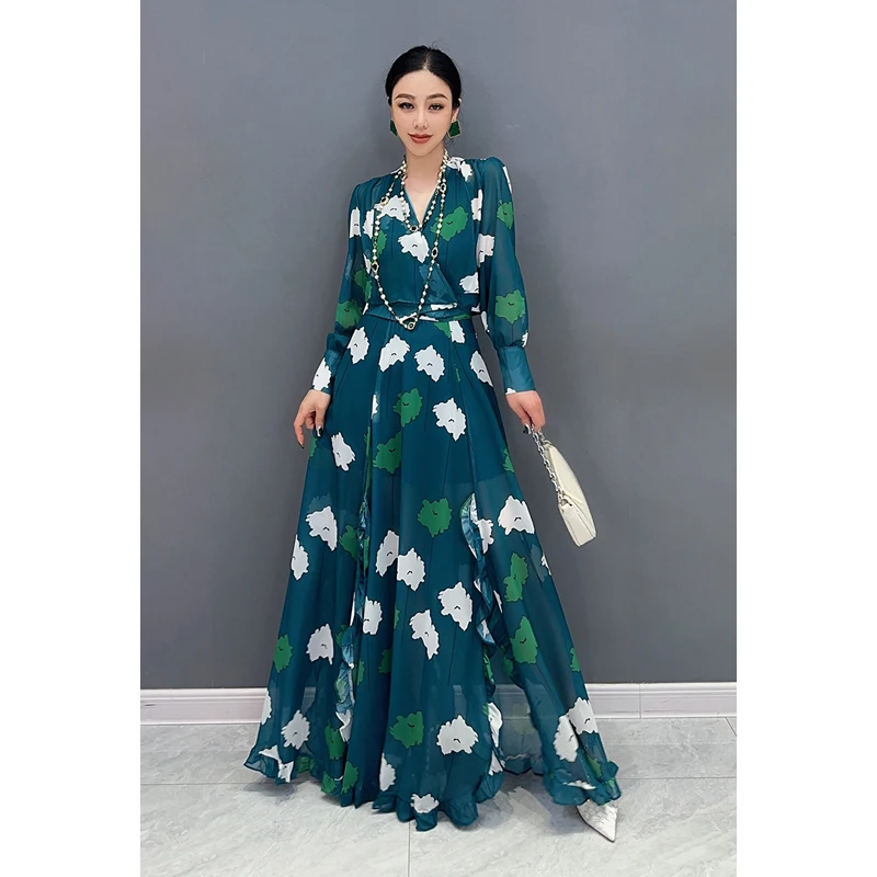

2024 spring and summer new chiffon print waist big swing long dress V-neck long sleeves elegant lady fashion women's wear
