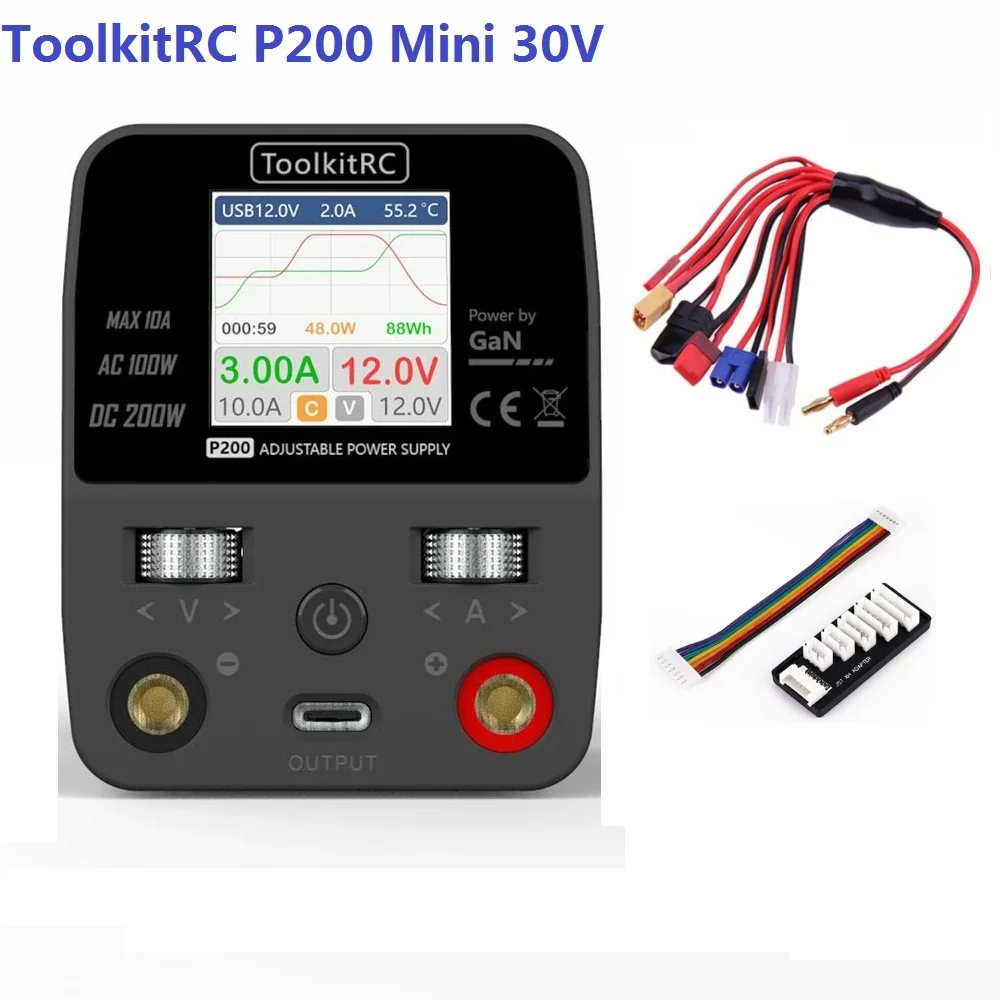 NEW ToolkitRC P200 Mini 30V AC100W DC200W 10A GaN Adjustable Mini Desktop Power Supply USB Output
