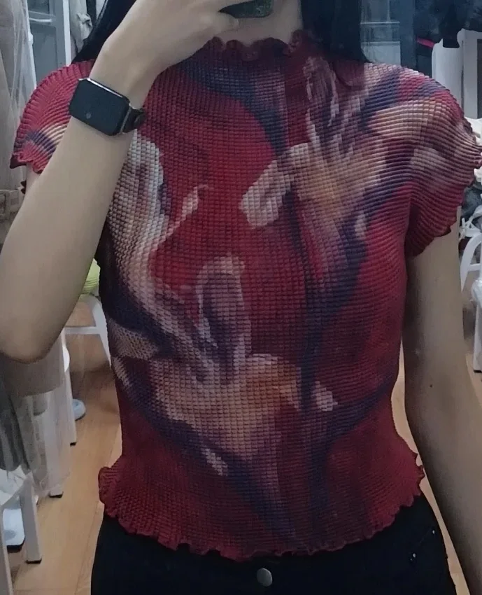 Kimotimo Y2k Printed Folds Tshirts Women 2026 Summer Half High Collar Slim Fit Short Sleeve Crop Tops Harajuku Ropa De Mujer INS 3