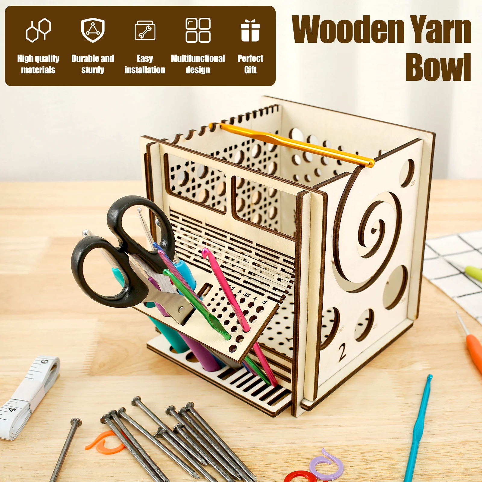 Wooden Yarn Bowl with Crochet Gauge for Knitting Storage