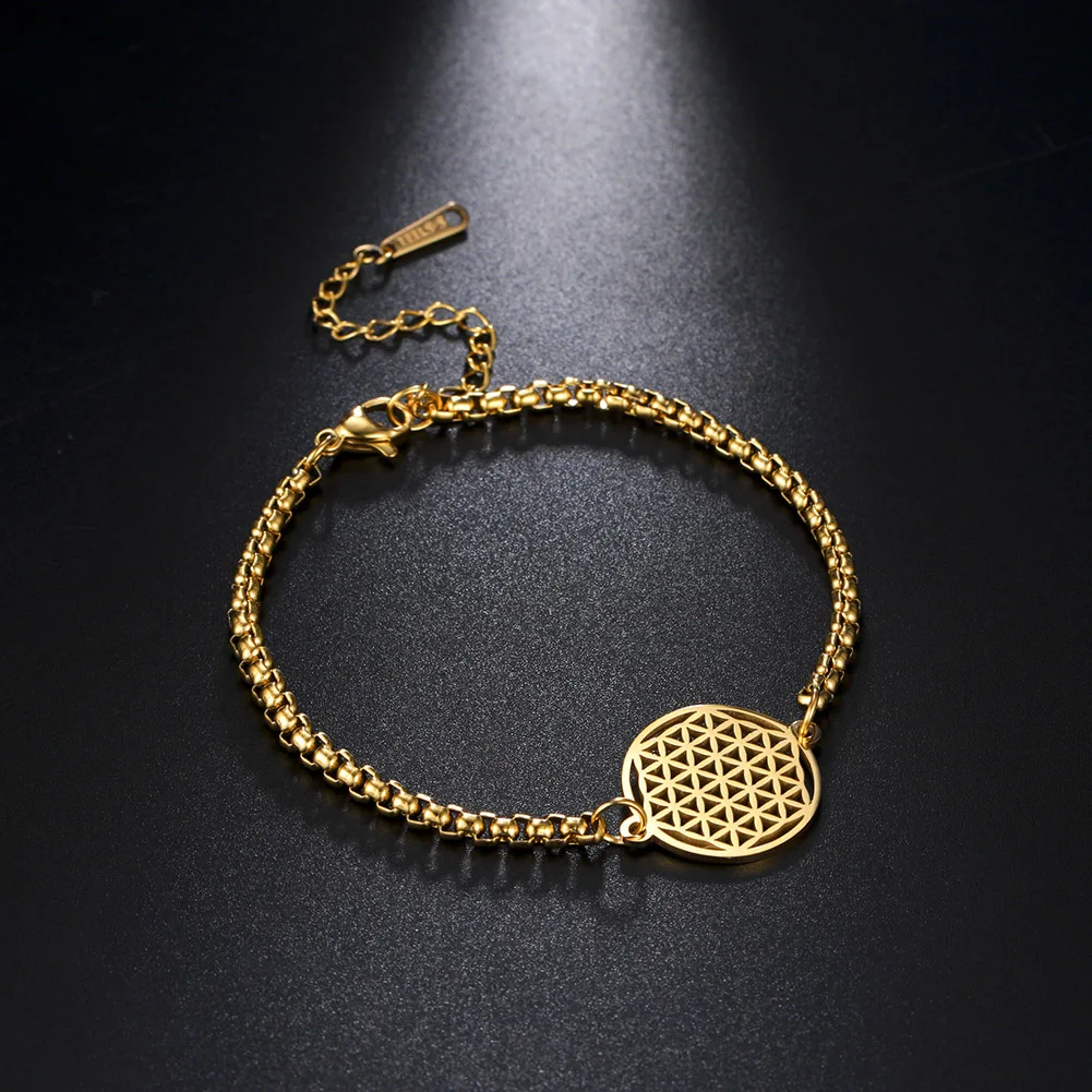 

Wholesale Flower Of Life Charm Bracelet Stainless Steel Gold Color Box Chain Bracelets For Women Girl Lucky Amulet Jewelry Gifts