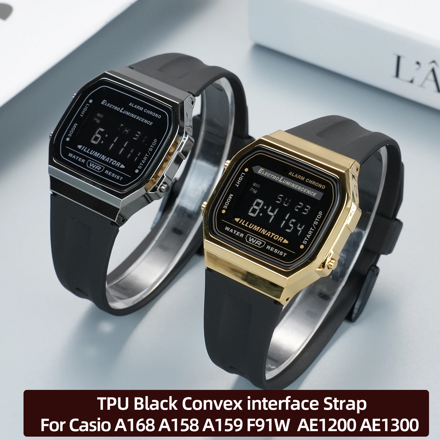 Bracelet d'interface convexe 18MM pour Casio A168 A158 A159 F91W F105 F108 AE1200 AE1300 série TPU bracelet de montre noir en caoutchouc étanche