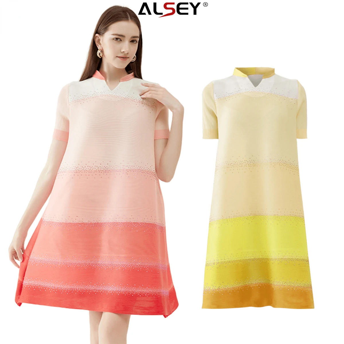 

ALSEY Miyake Pleated 2023 Summer Fashion Temperament Loose Short-sleeved A Word Medium-length Section Hot Drill Women's Dresses