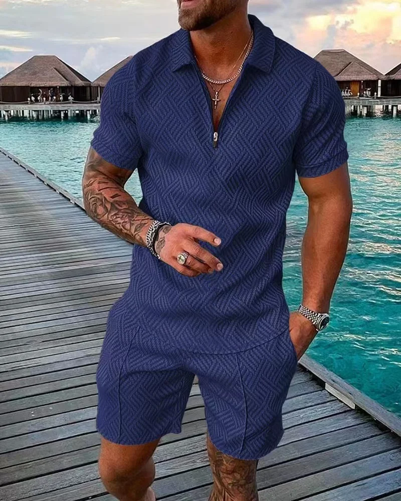Summer Men Short-sleeved Shorts Suit Sports Leisure Slim Zipper Lapel POLO Shirt Elastic Waist Casual Solid Color Shorts Suit