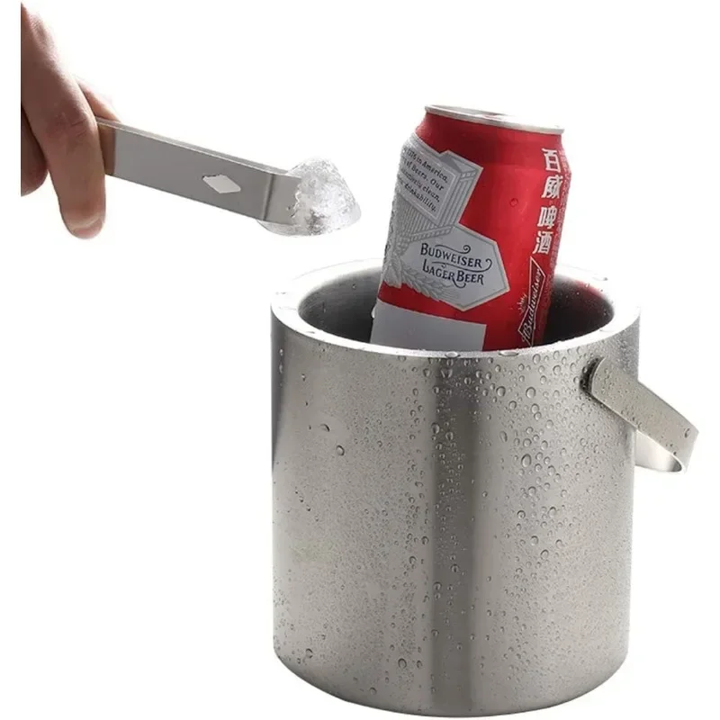 2.0L/3.0L Ice Bucket with Lid Strainer Tong Double Walled Stainless Steel Insulated Ice Bucket Container Cooler Good Sealing