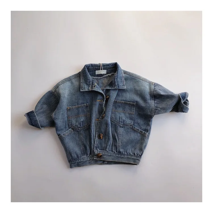 Childrens Boys Denim Jacket Spring Autumn Korean Bat Sleeve Loose Toddler Boys Cardigan Turndown Collar Kids Outerwears