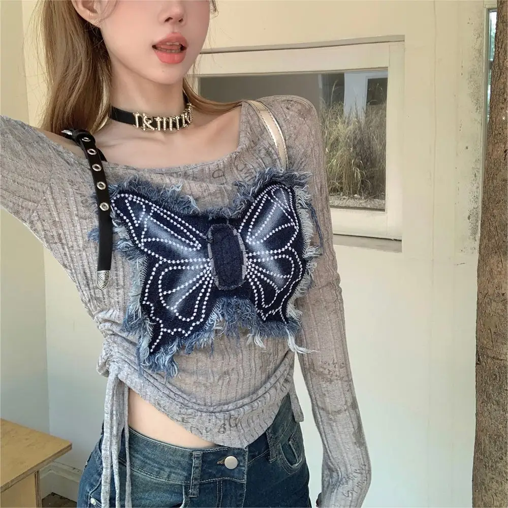 

New Women's Butterfly Applique Irregular Slash Neck Long Sleeve Tops Hot Sexy Ladies Drawstring Thin Slim Fit Pullover T-Shirt