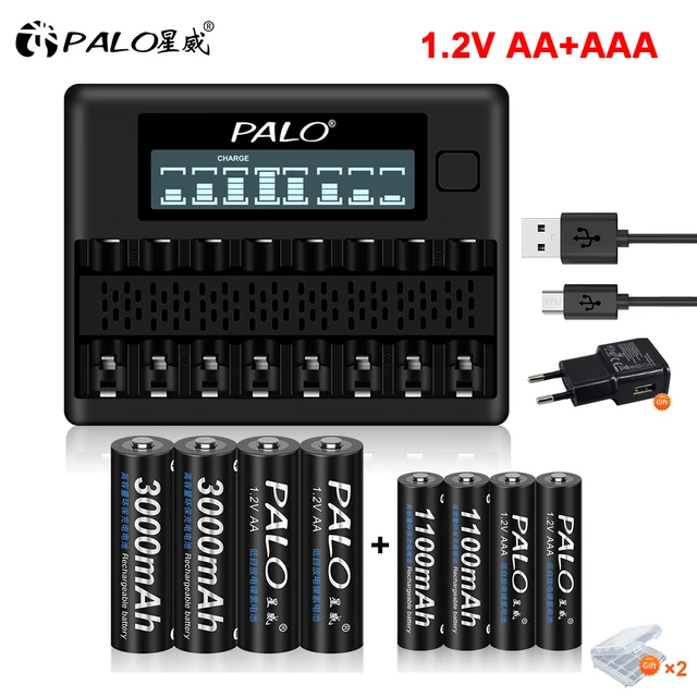 PALO AA and AAA Rechargeable Batteries 3000mAh NI-MH AA Battery HR6 1100mAh AAA HR3 with Smart Charger for 1.2V AA AAA Battery 1