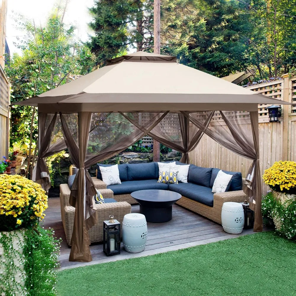 

13x13 Pop-Up Gazebo Tent Instant w/Mosquito Netting, Outdoor Gazebo Canopy Easy Set-up Folding Shelter Beige/Brown