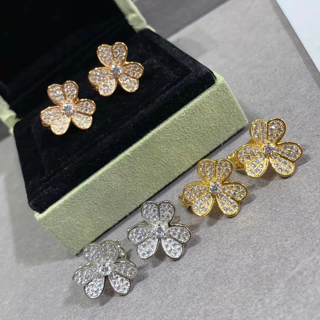 

European 925 Sterling Silver Zircon Four Leaf Clover Stud Earrings Women Versatile Fashion Brand Top Party Jewelry
