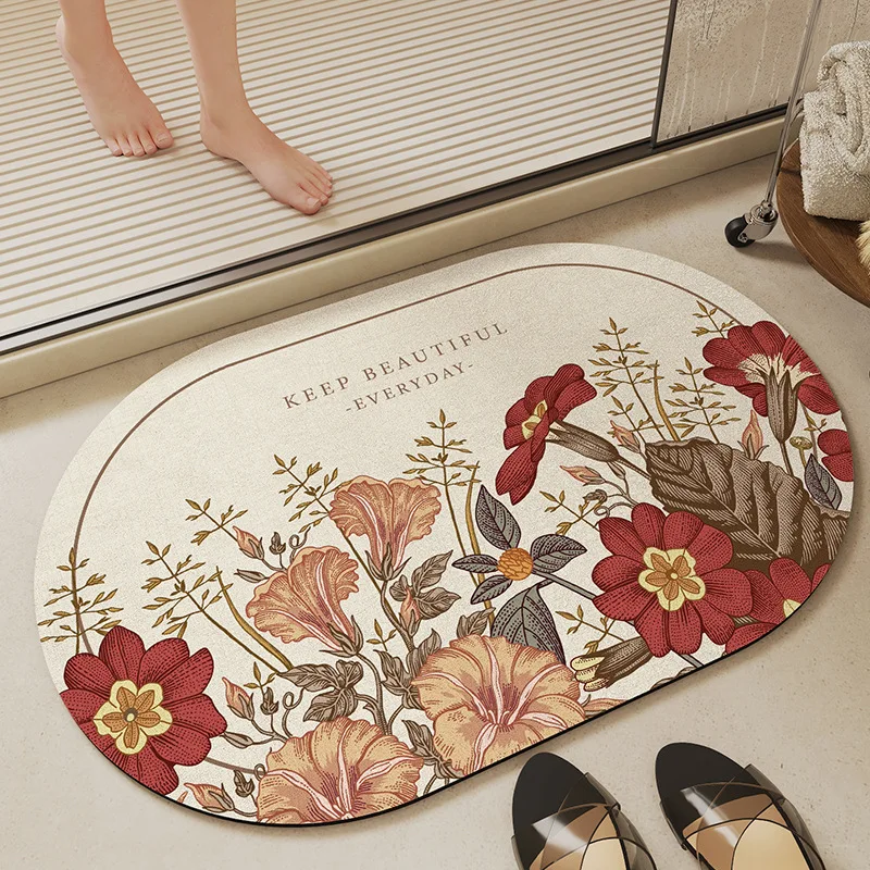 

Retro Plant Flower Floormat Home Toilet Door Water Absorbent Non-Slip Rugs Simple Home Decor Bathroom Kitchen Quick-Drying Mat