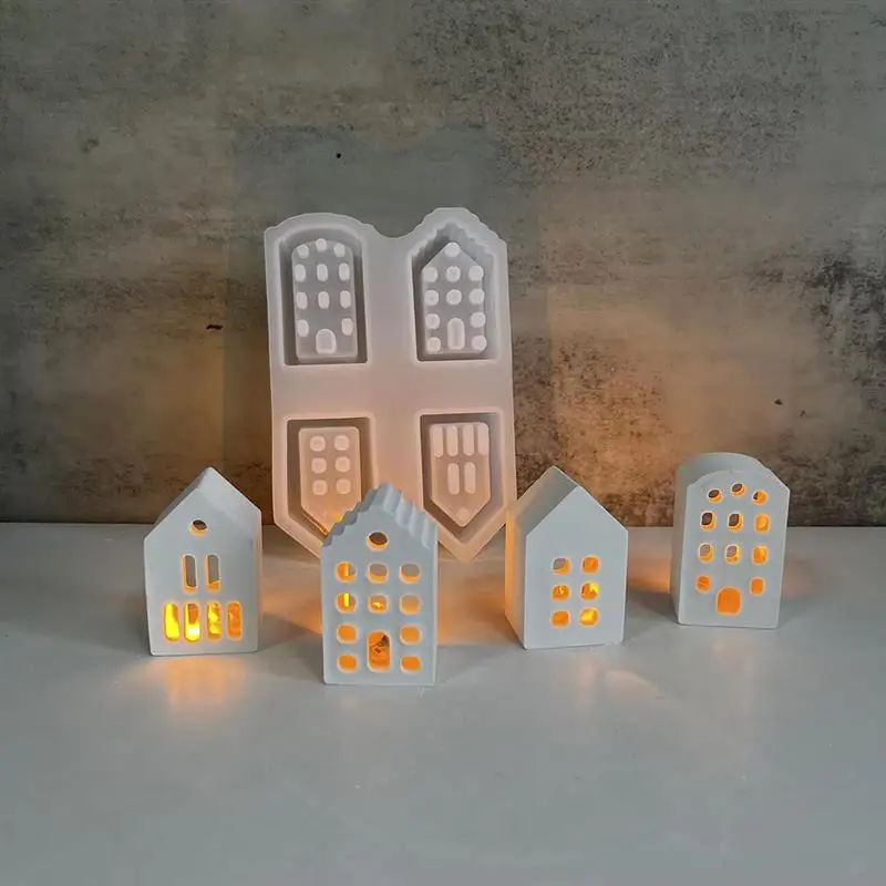 Silicone Mold 4-piece European Style House Silicone Mold Scale Atmosphere Decoration Lighting House Gypsum Drip Mold Aromatherapy Candle Mould