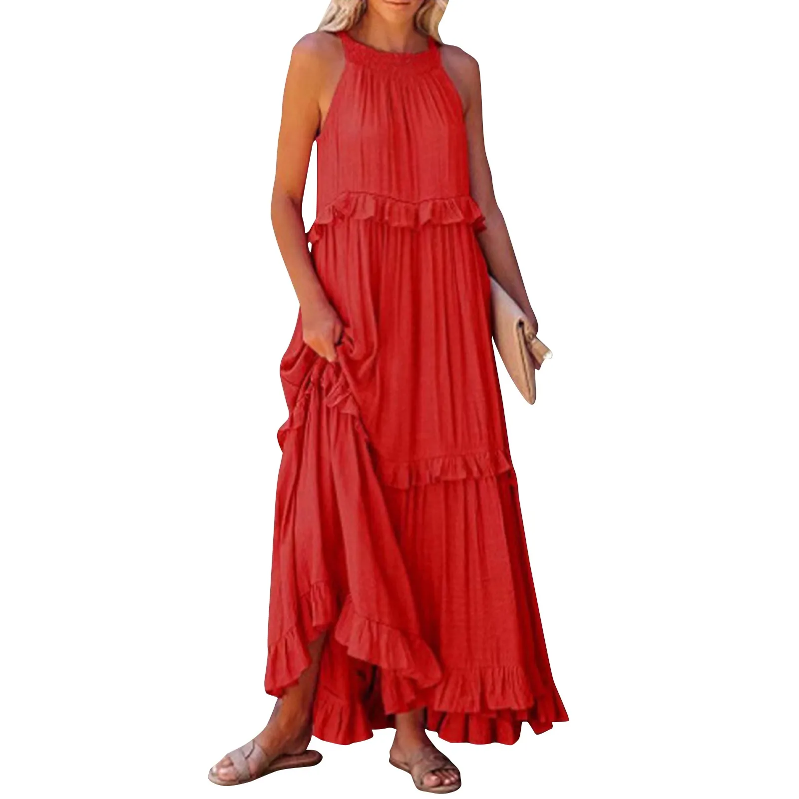 

Summer Loose Long Dress Women Sexy Sleeveless Ruffled Maxi Dress Casual Loose Pleated Beach Big Swing Sundress Robe Vestidos