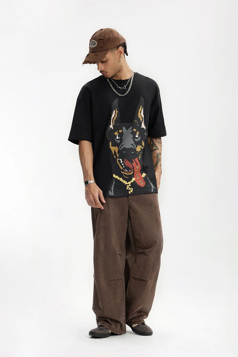 INFLATION Glow-in-the-Dark Doberman Print T-Shirt American Streetwear Loose Fit 100% Cotton Short Sleeve for Men