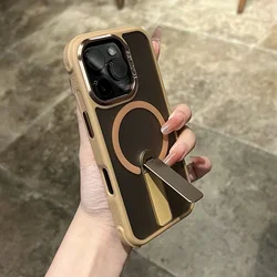 Magnetic Shockproof Frosted Phone Case with Stand and Magsafe Compatibility - iPhone 15 Plus (Brown)