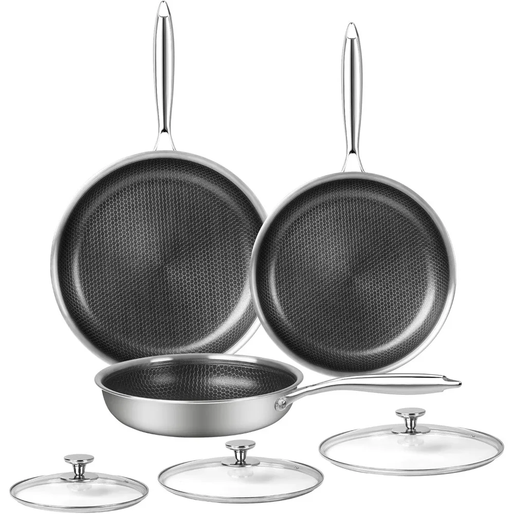 6 Piece Stainless Steel Frying Pan Set with Lids Cookware Set Nonstick Honeycomb Frying Pan Set 3pcs W/Stay Cool Handle Skillet