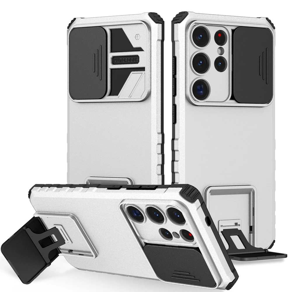Slide Camera Protection Armor Phone Case with Plastic Holder and Hard Cover
