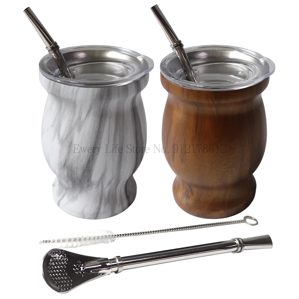 Yerba Mate Cup 230ML Yerba Mate Cup 304 Stainless Steel Double Wall Argentine Yerba Mate Gourd With Bombillas and Cleaning Brush Coffee Tea Mug