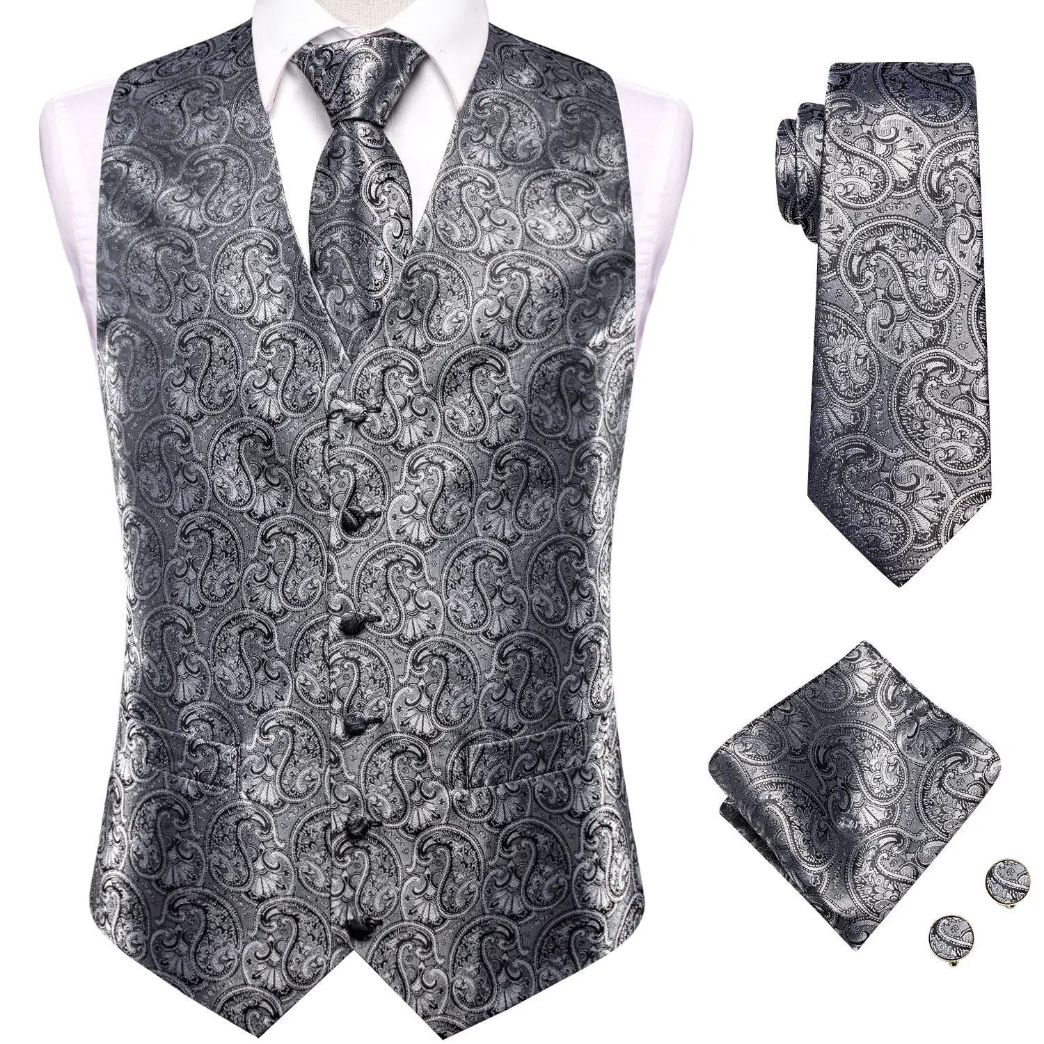 Silk Mens Vest Tie Set Jacquard Paisley Floral Sleeveless Jacket Slim Suit Waistcoat Necktie Hanky Cufflinks Wedding Business