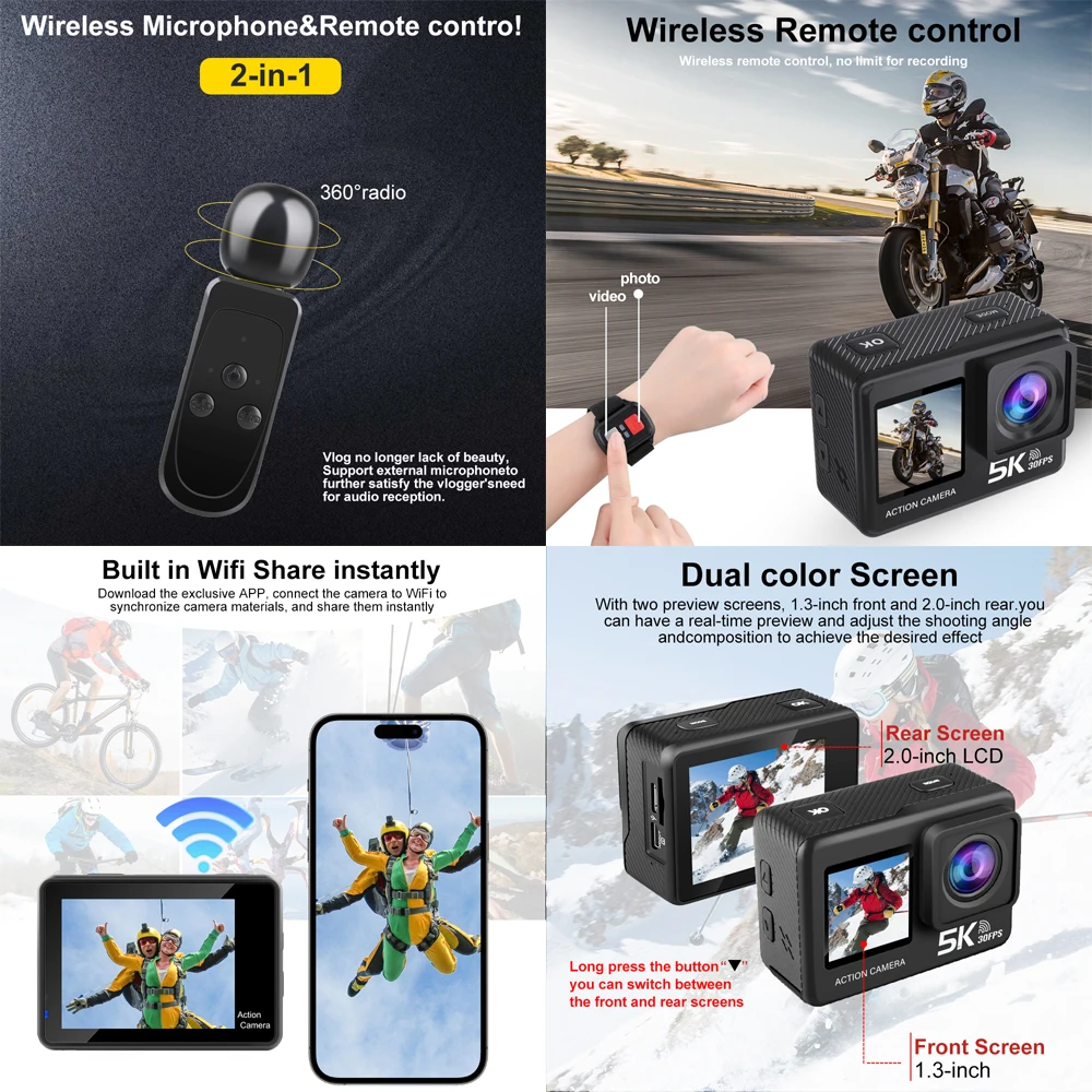 5K 4K60FPS Action Camera Dual IPS Touch LCD EIS 170° DVR 30M Waterproof 5X Zoom Sport Camera With Wireless Mic&Remote Control 4