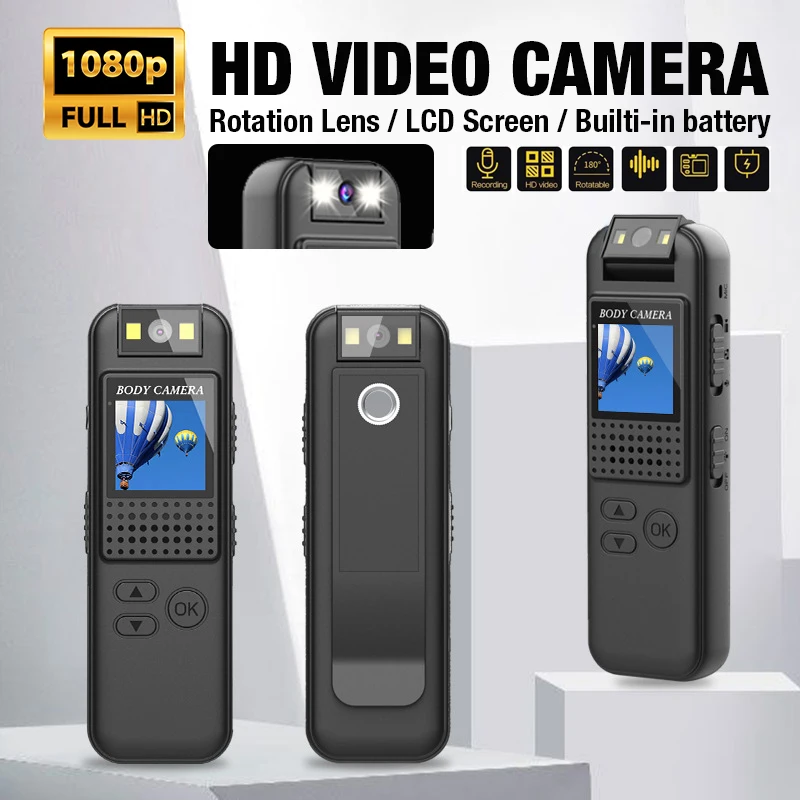 녹음기 야간 투시경 녹음기 야외 스포츠 바디 카메라, 1080P HD 비디오 카메라, 180 ° 회전 렌즈, 법 집행
