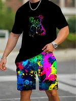 Summer Everyday Casual Men's Short Sleeve Shorts Set Colorful Bear Print Men's T-shirt And Colorful Graffiti Print Shorts Set 1