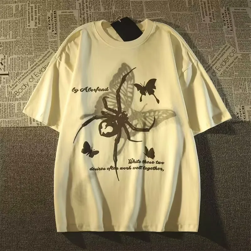 

American Street Style Pure Cotton Spider Butterfly Short Sleeved T-shirt for Men and Women Loose and Versatile Half Sleeved Top