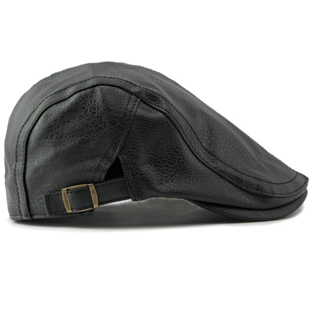 HT4294 PU Leather Beret Cap Men Black White Coffee Ivy  Flat Cap Thick Warm Fleece Lined Autumn Winter Hat Berets for Men 3