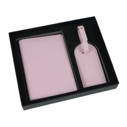 Saffiano Travel Duo: Minimalist Passport and Ticket Holder with Luggage Tag in Gift Box Set (Pink)