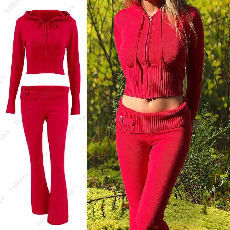 Women Spring Outfits Casual Zipper Sweater Hoodie Set High Waist Flare  Pants Suits Pink Knitted Womens Y2k Two Piece Set